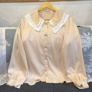 Beige Blouse White Lace Collar Vintage Style Top